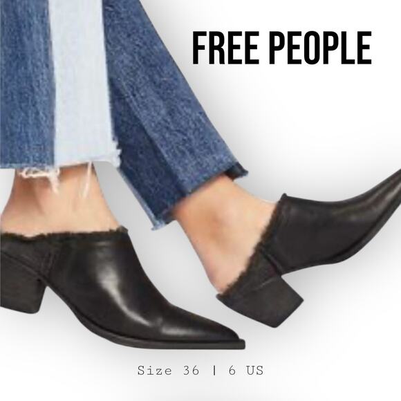 Free People Black Leather Fringe Pointed Cowgirl Slip On Mules Booties Size 36/6 - Picture 1 of 12
